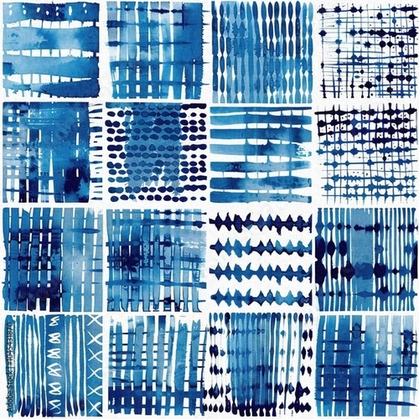 Obraz Modern blue white irregular beach patched shape mix for summer doodle beachwear design. Coastal mariner background for seaside living style in repeatable tile.