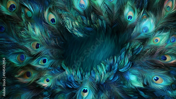Fototapeta Abstract pattern of peacock feathers, vibrant blue and green colors with space for text in the center.