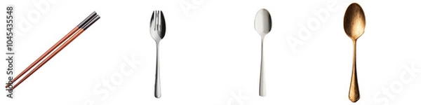 Fototapeta Assorted cutlery including chopsticks and spoons, isolated on white background.