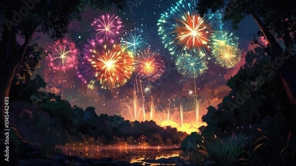 Obraz Colorful fireworks burst over a forest, lighting the night sky. No people, with room for text