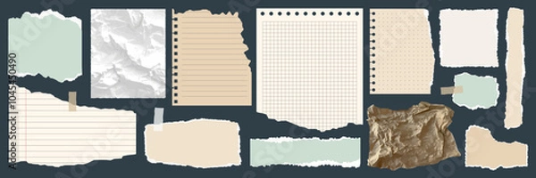 Fototapeta Paper shapes with jagged uneven edges. Torn, crumpled paper, shreds of notebook pages. Torn paper pieces set. Ripped fragments for message label, banner, collage, text box, sticker, poster