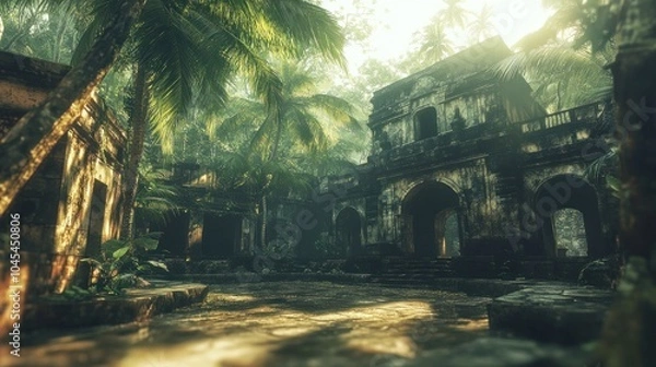 Fototapeta Sun beams through the trees illuminating the ruins of a forgotten jungle temple.