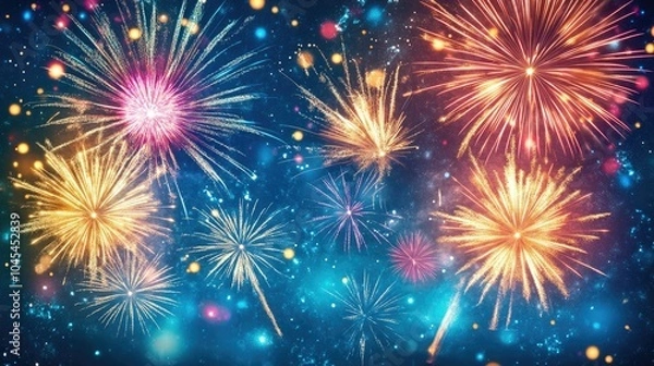 Obraz Fireworks explode over a quiet countryside, lighting the night sky, with copy space