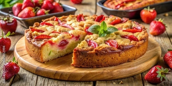 Fototapeta A Rustic Cherry Pie with a Slice Removed, Displayed on a Wooden Cutting Board, Surrounded by Fresh Strawberries