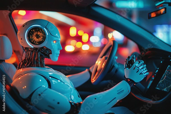 Fototapeta A state-of-the-art robot is driving an ultra-technological car, and a human is in the passenger seat