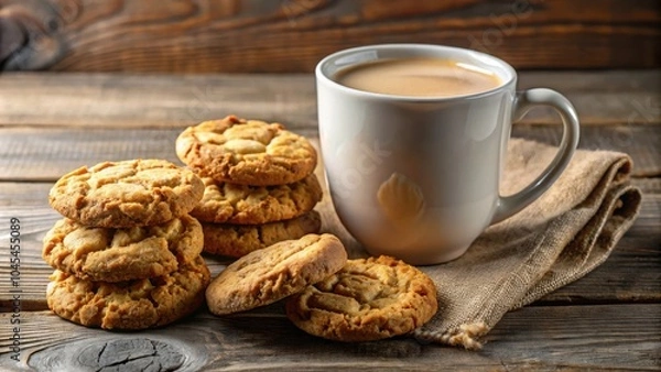 Fototapeta A cup of warm coffee on a wooden table with a stack of freshly baked cookies, ready for a cozy afternoon snack.