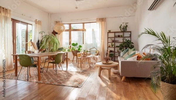 Fototapeta Stylish and modern open space with dining and living room with sofa and family table. Bright and sunny room with plants and brown wooden parquet.