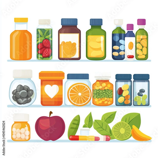 Fototapeta Healthy food and supplements including various bottles, jars, and fruits arranged on shelves, showcasing vibrant assortment of vitamins, minerals, and natural ingredients