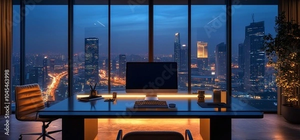 Fototapeta Modern office desk with a computer and a stunning cityscape view through a large window.