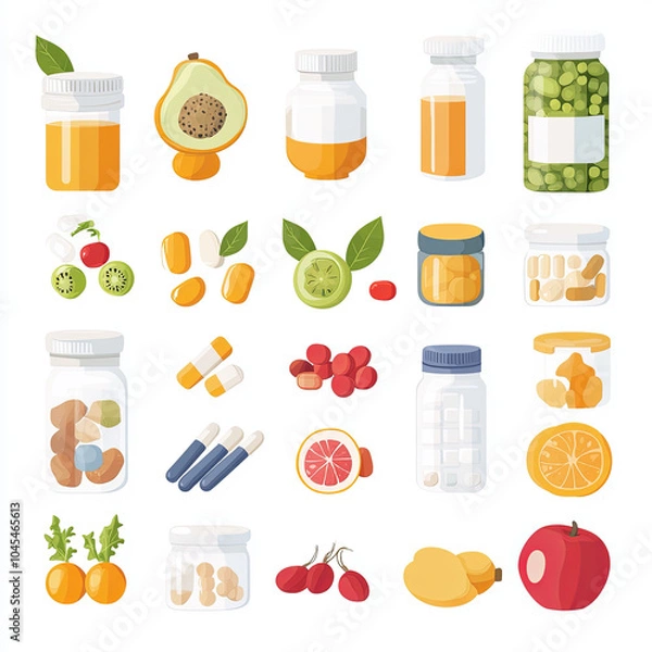 Fototapeta Vibrant collection of vitamins, minerals, and fruits showcasing various supplements and healthy ingredients. This highlights colorful array of health products and natural foods