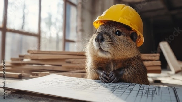 Fototapeta A beaver in a construction helmet working on engineering schemes
