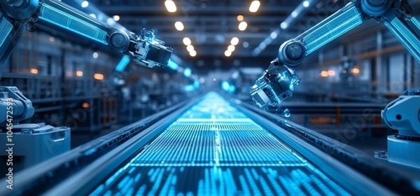Fototapeta Two robotic arms working on an automated production line with a glowing blue conveyor belt.