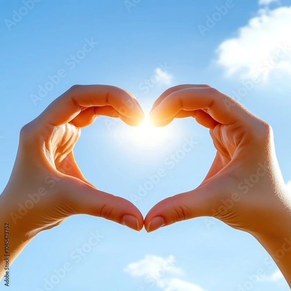 Fototapeta Two hands form a heart shape against a bright blue sky, symbolizing love, warmth, and connection with the sun shining through.