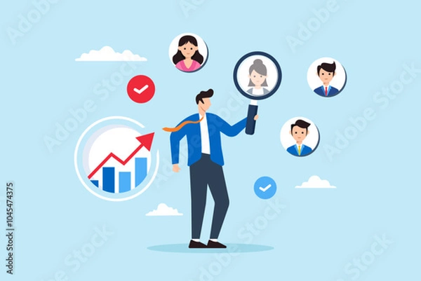 Fototapeta Flat illustration of businessman with magnifying glass focuses on users or client illustrating customer centric marketing strategy