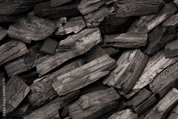 Obraz New, black coals, arranged in a neat bed, without embers. The pieces are lined up, ready to light, with a rough texture and dark hue