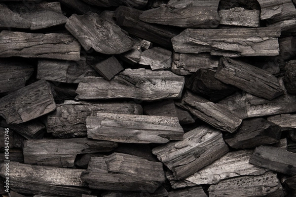 Obraz New, black coals, arranged in a neat bed, without embers. The pieces are lined up, ready to light, with a rough texture and dark hue