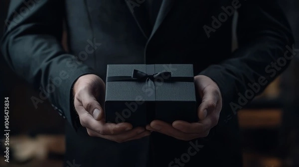 Fototapeta A man in a black business suit holds a black gift box on a dark background. An advertising poster with a place for the text. Sale, Black Friday