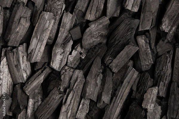 Obraz New, black coals, arranged in a neat bed, without embers. The pieces are lined up, ready to light, with a rough texture and dark hue