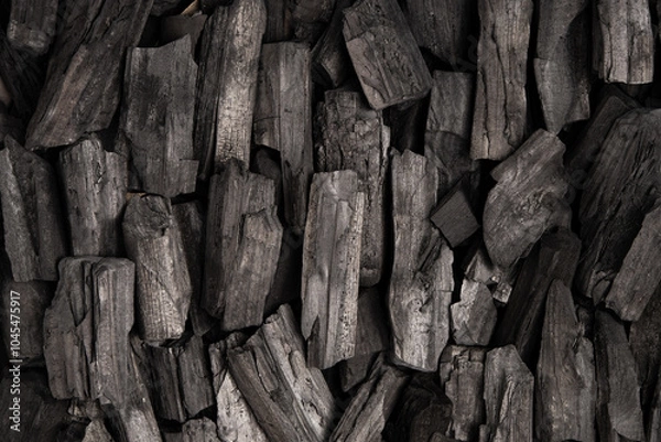 Obraz New, black coals, arranged in a neat bed, without embers. The pieces are lined up, ready to light, with a rough texture and dark hue
