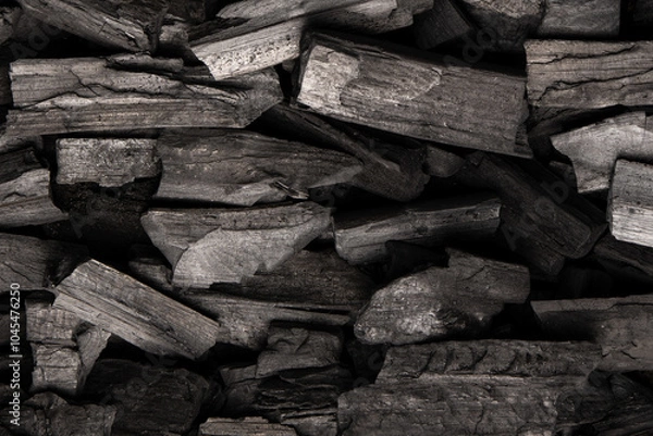Obraz New, black coals, arranged in a neat bed, without embers. The pieces are lined up, ready to light, with a rough texture and dark hue