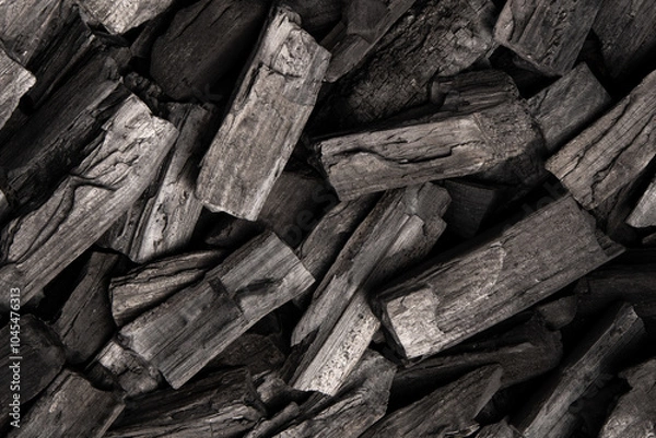 Obraz New, black coals, arranged in a neat bed, without embers. The pieces are lined up, ready to light, with a rough texture and dark hue
