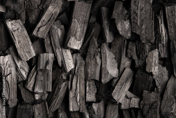 Obraz New, black coals, arranged in a neat bed, without embers. The pieces are lined up, ready to light, with a rough texture and dark hue