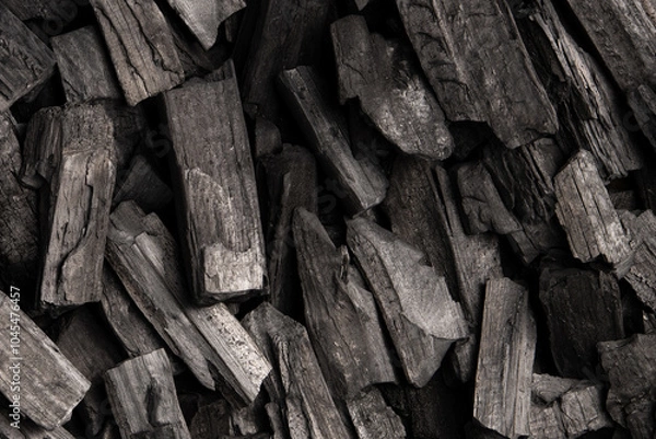 Obraz New, black coals, arranged in a neat bed, without embers. The pieces are lined up, ready to light, with a rough texture and dark hue