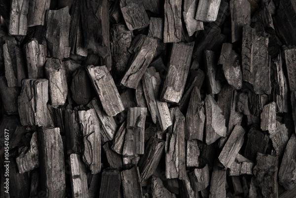 Obraz New, black coals, arranged in a neat bed, without embers. The pieces are lined up, ready to light, with a rough texture and dark hue