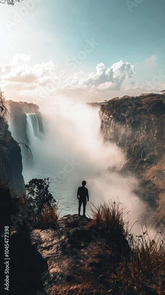 Fototapeta Young man standing on a cliff admiring victoria falls at sunset