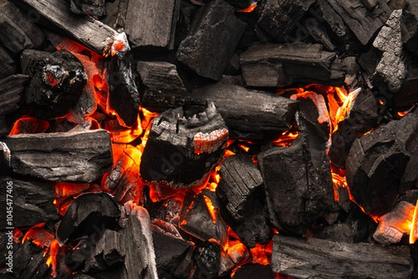 Obraz Hot coals with vibrant red and orange hues, emitting intense heat. Glowing pieces surrounded by dark ash, creating a rustic atmosphere