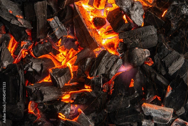 Obraz Hot coals with vibrant red and orange hues, emitting intense heat. Glowing pieces surrounded by dark ash, creating a rustic atmosphere