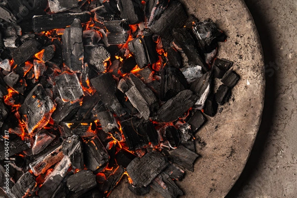 Obraz Hot coals with vibrant red and orange hues, emitting intense heat. Glowing pieces surrounded by dark ash, creating a rustic atmosphere