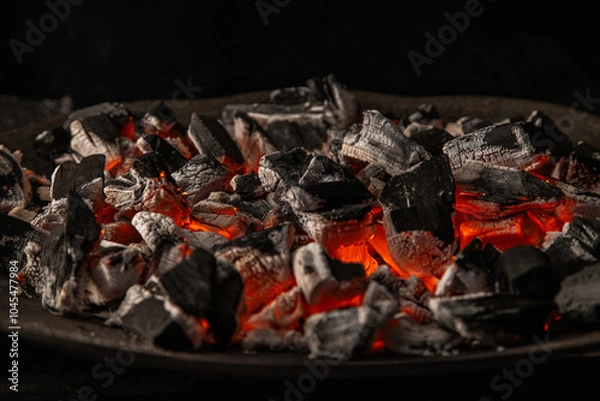 Obraz Hot coals with vibrant red and orange hues, emitting intense heat. Glowing pieces surrounded by dark ash, creating a rustic atmosphere