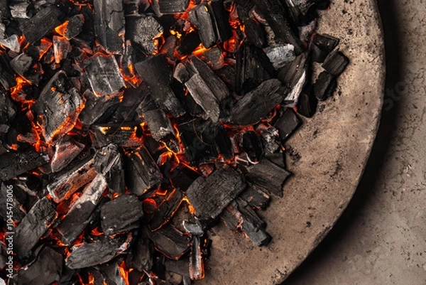 Obraz Hot coals with vibrant red and orange hues, emitting intense heat. Glowing pieces surrounded by dark ash, creating a rustic atmosphere