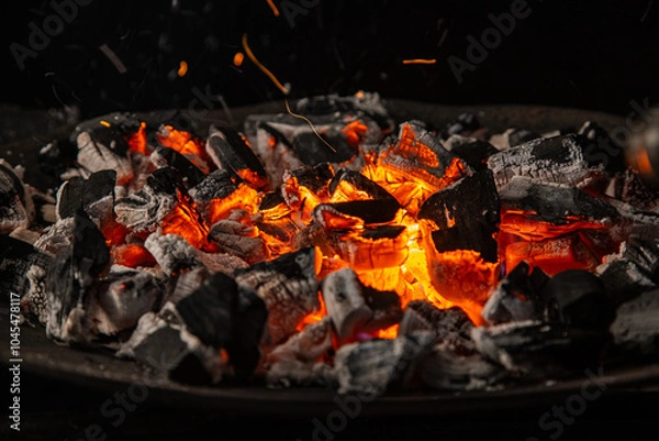 Obraz Hot coals with vibrant red and orange hues, emitting intense heat. Glowing pieces surrounded by dark ash, creating a rustic atmosphere