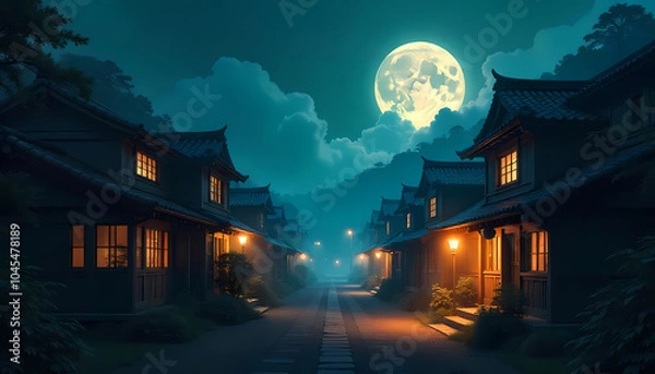 Obraz Traditional japanese village road illuminating under full moon at night