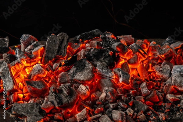 Obraz Hot coals with vibrant red and orange hues, emitting intense heat. Glowing pieces surrounded by dark ash, creating a rustic atmosphere