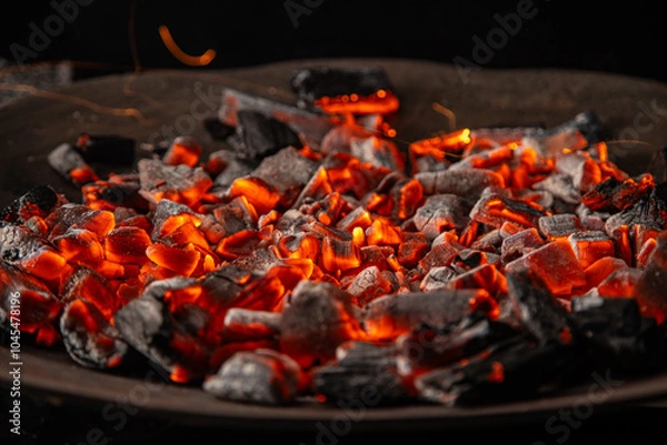 Obraz Hot coals with vibrant red and orange hues, emitting intense heat. Glowing pieces surrounded by dark ash, creating a rustic atmosphere