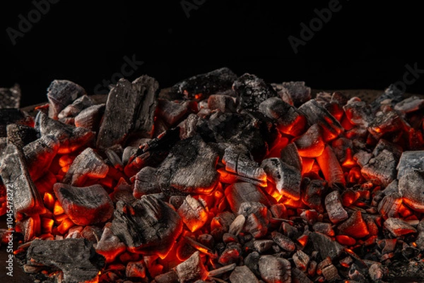 Obraz Hot coals with vibrant red and orange hues, emitting intense heat. Glowing pieces surrounded by dark ash, creating a rustic atmosphere