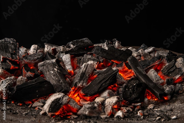 Obraz Hot coals with vibrant red and orange hues, emitting intense heat. Glowing pieces surrounded by dark ash, creating a rustic atmosphere