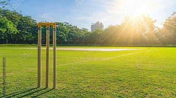 Obraz A set of cricket stumps stand on a grassy field with the sun shining in the background.
