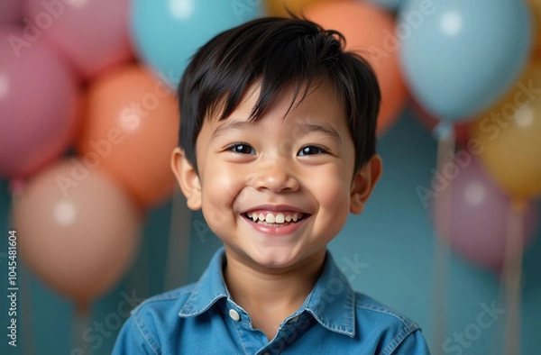 Fototapeta Portrait of cute asian boy smiling with birthday background