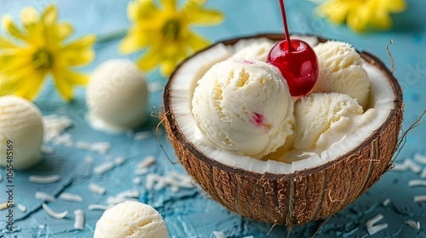 Fototapeta Coconut ice cream with a cherry on top, served in a coconut shell.