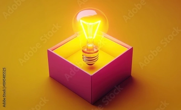 Fototapeta Illuminated light bulb inside a colorful box on a vibrant yellow background.