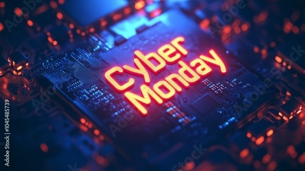 Fototapeta Cyber Monday poster. The Cyber Monday inscription is surrounded by the texture of a computer chip with lights