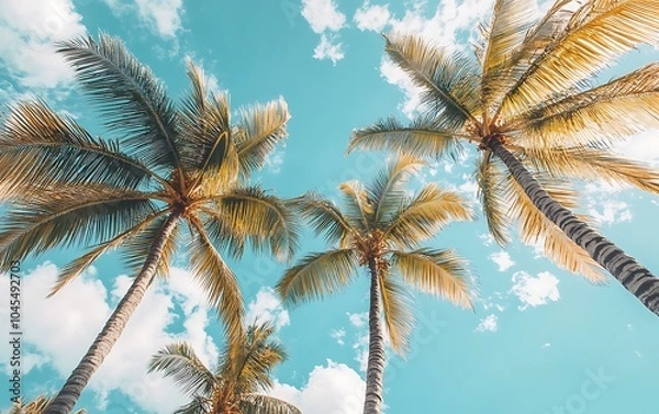 Fototapeta Coconut palm tree on blue sky background. Tropical summer background.