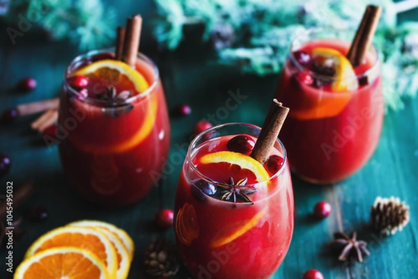 Fototapeta Three Glasses of Christmas Mulled Red Wine with Orange Slices Cinnamon Bark Star of Anise and Fir Tree Branches