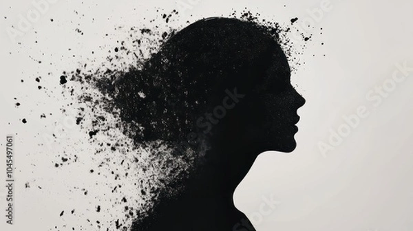Fototapeta Surreal digital art of a woman's silhouette disintegrating into particles, evoking themes of identity and transformation