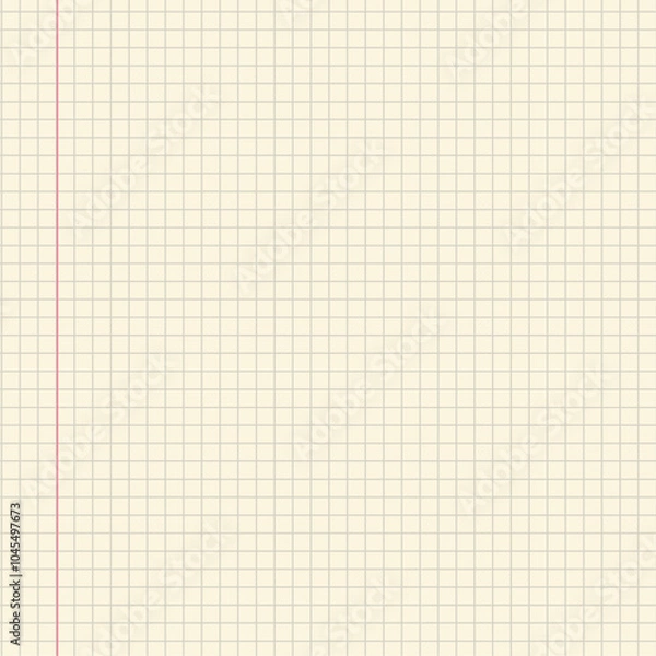 Fototapeta Blank squared notebook paper with a red margin line and light beige background for notes and sketches. Geometric pattern for school, wallpaper, textures, notebook. Lined blank 