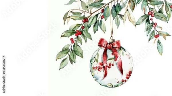 Fototapeta Watercolor Christmas ornament with a red bow and mistletoe hanging on a tree branch